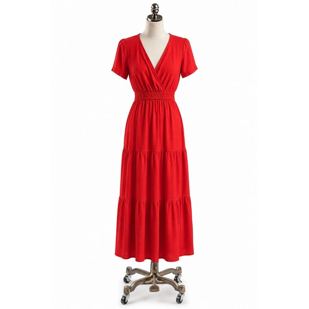 Womens Poppy Red Tiered Maxi Dress Medium Smocked Waist Boho Cottagecore Resort - Picture 2 of 10
